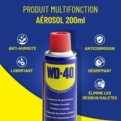 WD 40 Super Dégrippant Multifonction Professionnel 5 en 1– Lubrifiant Spray Multi-usage, Anti-humidité, Anti-Grippage, Antirouille, Nettoyant, Débloquant Serrures, Boulons, Charnières, Chaînes,Pièces Métalliques,Entretien Auto,Bricolage et Industrie WD-40 200ml